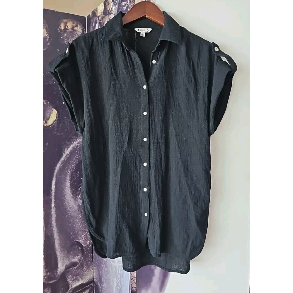 NANETTE Womens Size S Collared Black Cotton Short Sleeve Textured Button Shirt